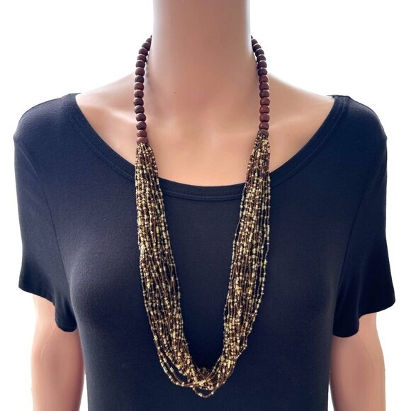 Boho Style Beaded Necklace Chunky Multi Strand Brown Cream - Picture 3 of 5